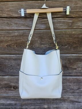 S-Zone Cream Leather Bucket Tote Shoulder Bag Gold Hardware